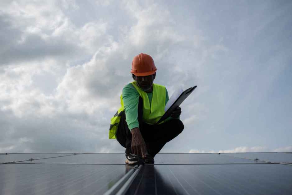 Solar installer at work on a Nigerian rooftop